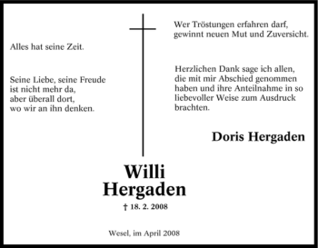 Traueranzeige von Willi Hergarden von Tageszeitung