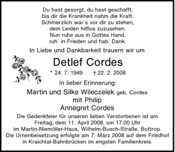Traueranzeige von Detlef Cordes von Tageszeitung