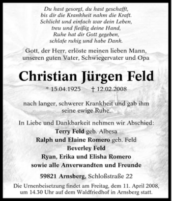 Traueranzeige von Christian Jürgen Feld von Tageszeitung