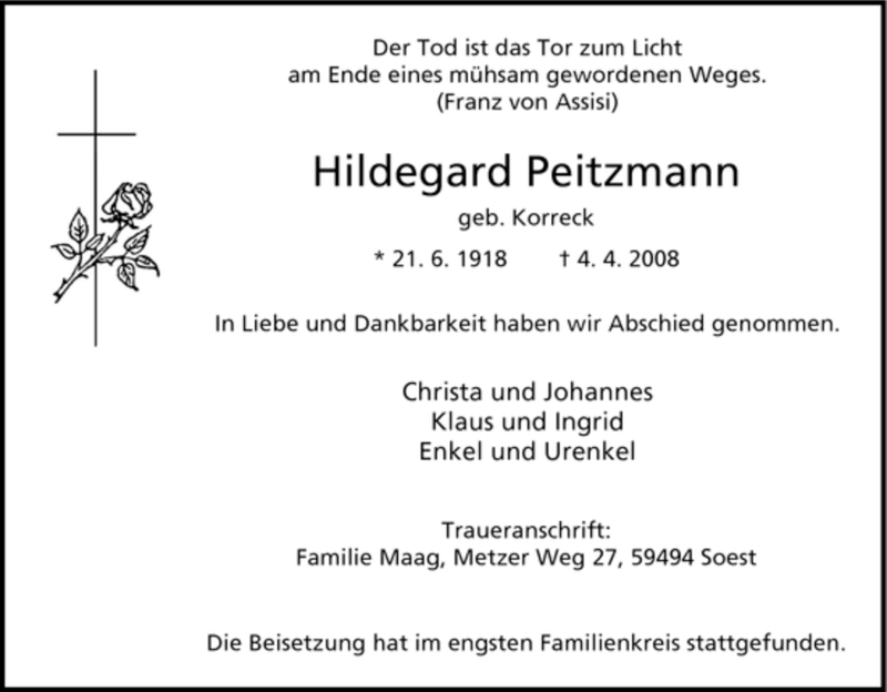  Traueranzeige für Hildegard Peitzmann vom 09.04.2008 aus Tageszeitung