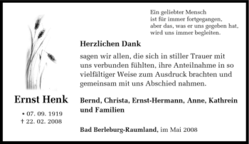 Traueranzeige von Ernst Henk von Tageszeitung