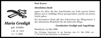 Traueranzeige von Maria Gredigk von Tageszeitung