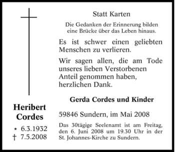 Traueranzeige von Heribert Cordes von Tageszeitung