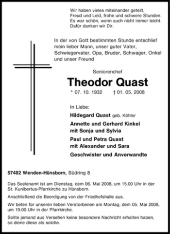 Traueranzeige von Theodor Quast von Tageszeitung