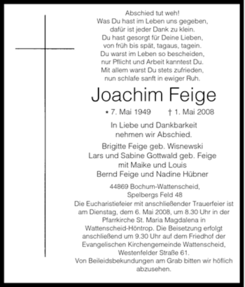 Traueranzeige von Joachim Feige von Tageszeitung