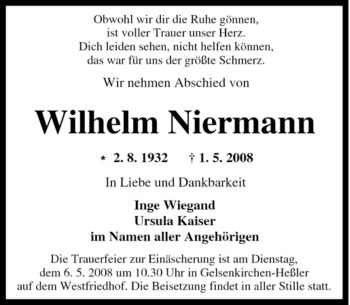 Traueranzeige von Wilhelm Niermann von Tageszeitung