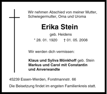 Traueranzeige von Erika Stein von Tageszeitung