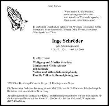 Traueranzeige von Inge Schröder von Tageszeitung