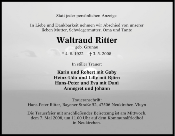 Traueranzeige von Waltraud Ritter von Tageszeitung