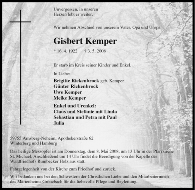  Traueranzeige für Gisbert Kemper vom 05.05.2008 aus Tageszeitung