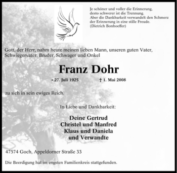 Traueranzeige von Franz Dohr von Tageszeitung
