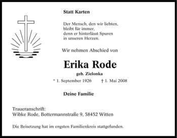 Traueranzeige von Erika Rode von Tageszeitung