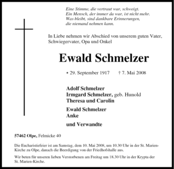 Traueranzeige von Ewald Schmelzer von Tageszeitung