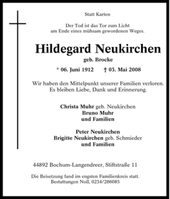 Traueranzeige von Hildegard Neukirchen von Tageszeitung