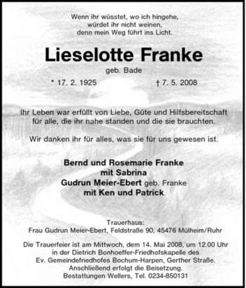 Traueranzeige von Lieselotte Franke von Tageszeitung