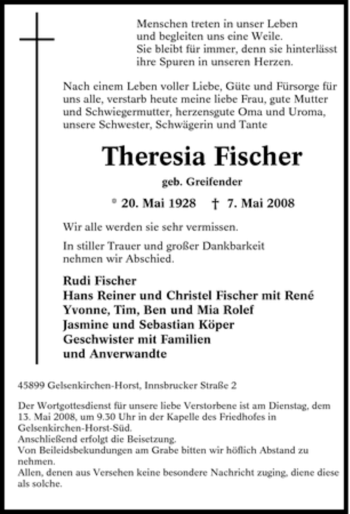 Traueranzeige von Theresia Fischer von Tageszeitung