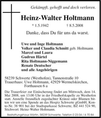 Traueranzeige von Heinz-Walter Holtmann von Tageszeitung