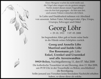 Traueranzeige von Georg Löhr von Tageszeitung