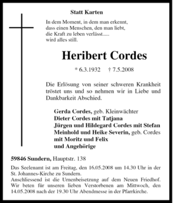 Traueranzeige von Heribert Cordes von Tageszeitung