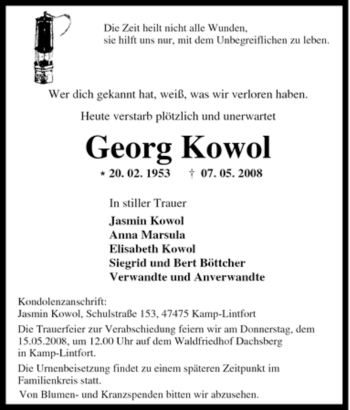 Traueranzeige von Georg Kowol von Tageszeitung