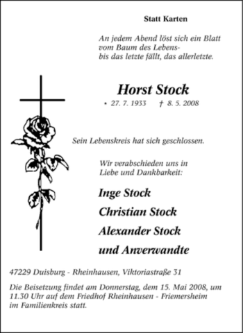 Traueranzeige von Horst Stock von Tageszeitung