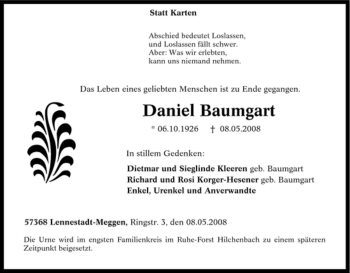 Traueranzeige von Daniel Baumgart von Tageszeitung