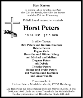 Traueranzeige von Horst Peters von Tageszeitung