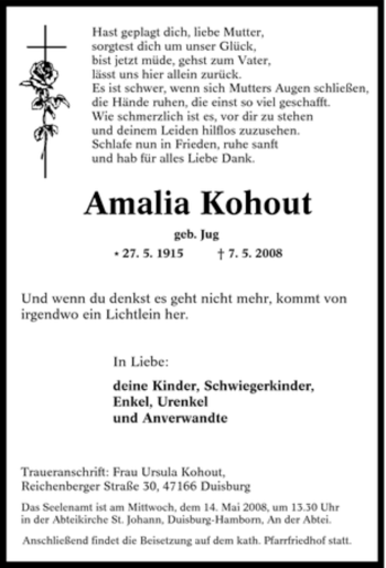 Traueranzeige von Amalia Kohout von Tageszeitung