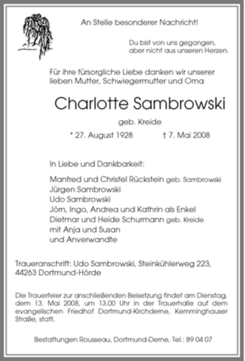 Traueranzeige von Charlotte Sambrowski von Tageszeitung