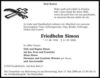 Traueranzeige von Friedhelm Simon von Tageszeitung
