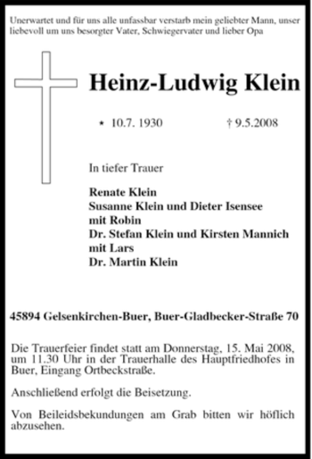 Traueranzeige von Heinz-Ludwig Klein von Tageszeitung