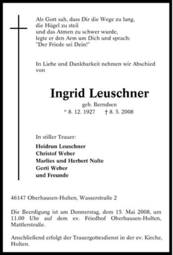 Traueranzeige von Ingrid Leuschner von Tageszeitung