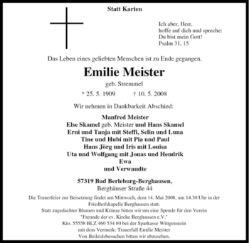 Traueranzeige von Emilie Meister von Tageszeitung