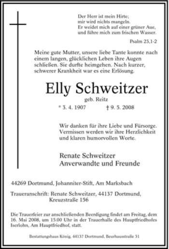 Traueranzeige von Elly Schweitzer von Tageszeitung