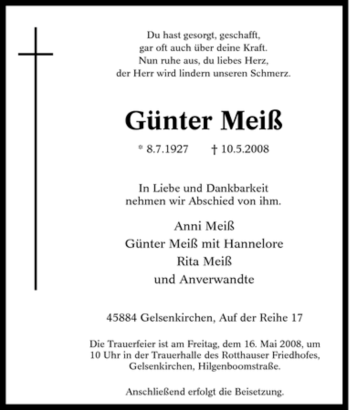 Traueranzeige von Günter Meiß von Tageszeitung