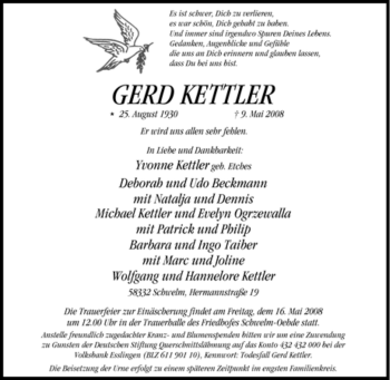 Traueranzeige von Gerd Kettler von Tageszeitung