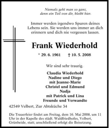 Traueranzeige von Frank Wiederhold von Tageszeitung