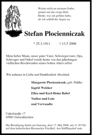 Traueranzeige von Stefan Plocienniczak von Tageszeitung