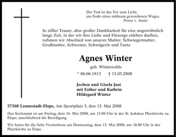 Traueranzeige von Agnes Winter von Tageszeitung