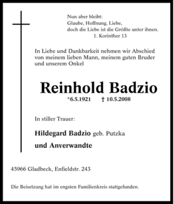 Traueranzeige von Reinhold Badzio von Tageszeitung