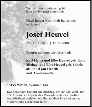 Traueranzeige von Josef Heuvel von Tageszeitung