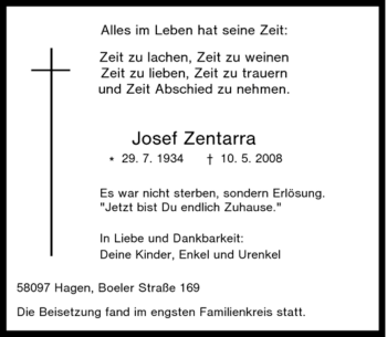 Traueranzeige von Josef Zentarra von Tageszeitung