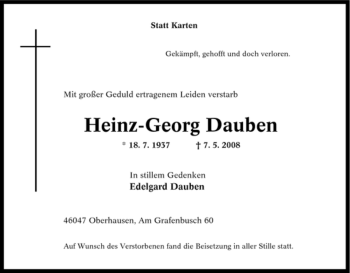 Traueranzeige von Heinz-Georg Dauben von Tageszeitung