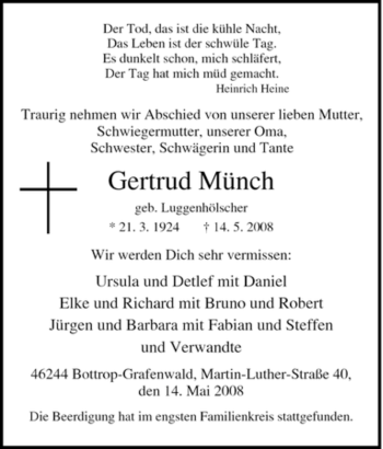 Traueranzeige von ertrud Münch von Tageszeitung