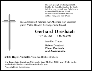 Traueranzeige von Gerhard Dresbach von Tageszeitung
