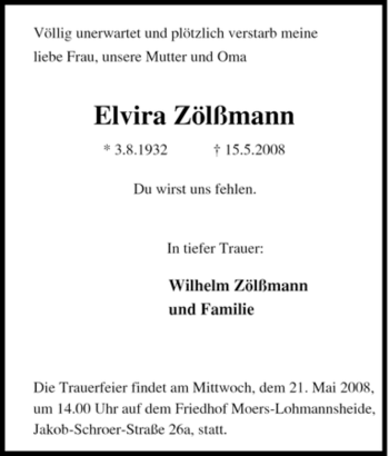 Traueranzeige von Elvira Zölßmann von Tageszeitung