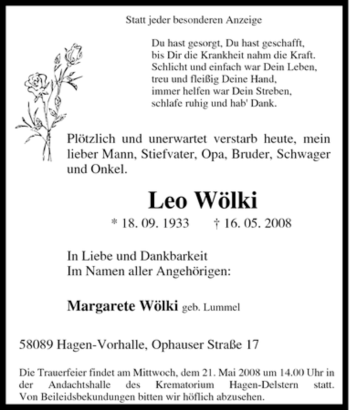 Traueranzeige von Leo Wölki von Tageszeitung