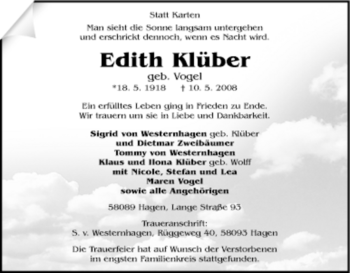 Traueranzeige von Edith Klüber von Tageszeitung