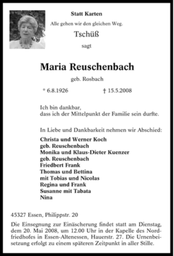 Traueranzeige von Maria Reuschenbach von Tageszeitung