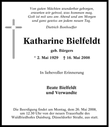 Traueranzeige von Katharine Bielfeldt von Tageszeitung